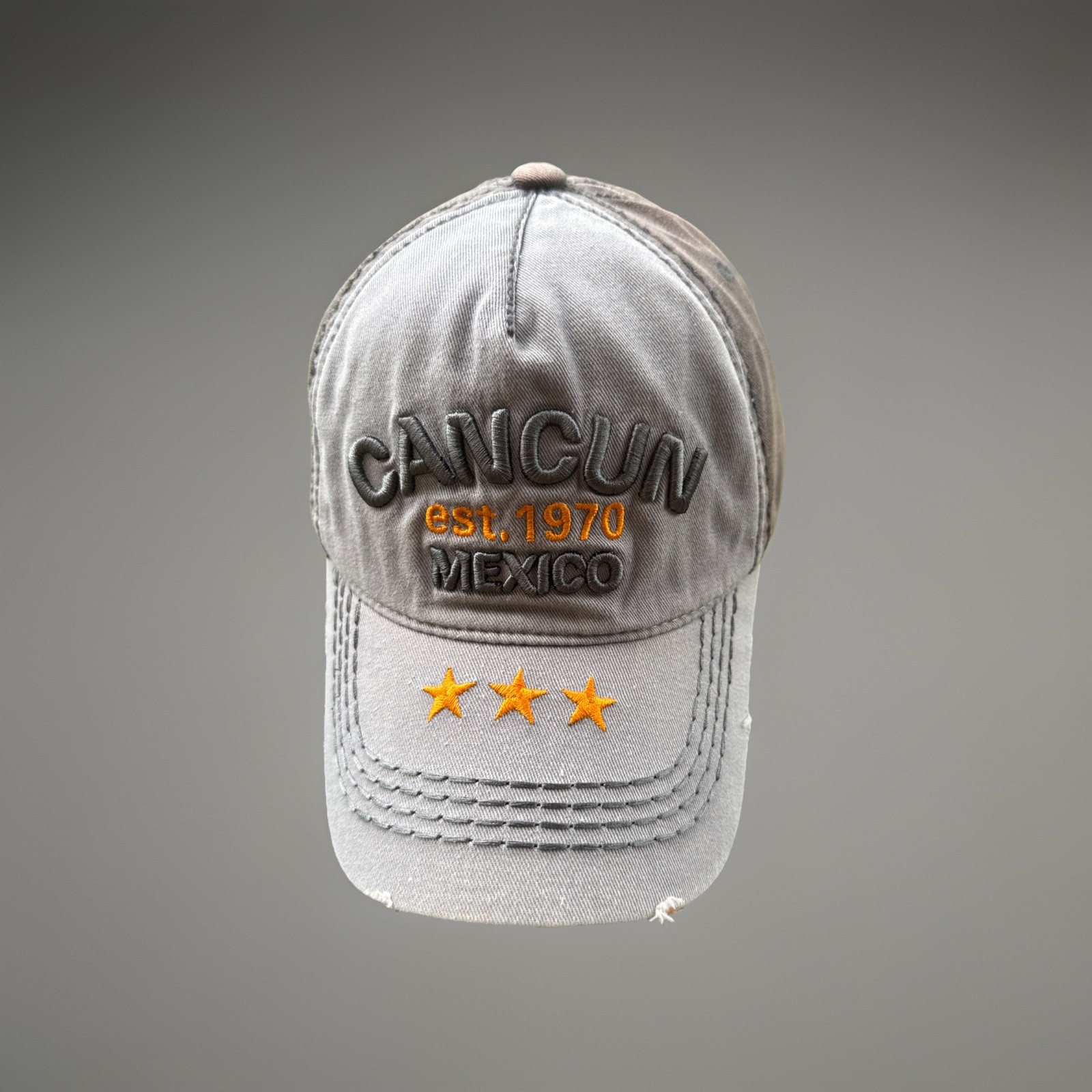 CANCUN Mexico Est 1970 Lite Dark Gray & Orange Hat Cap Distressed Hook Loop