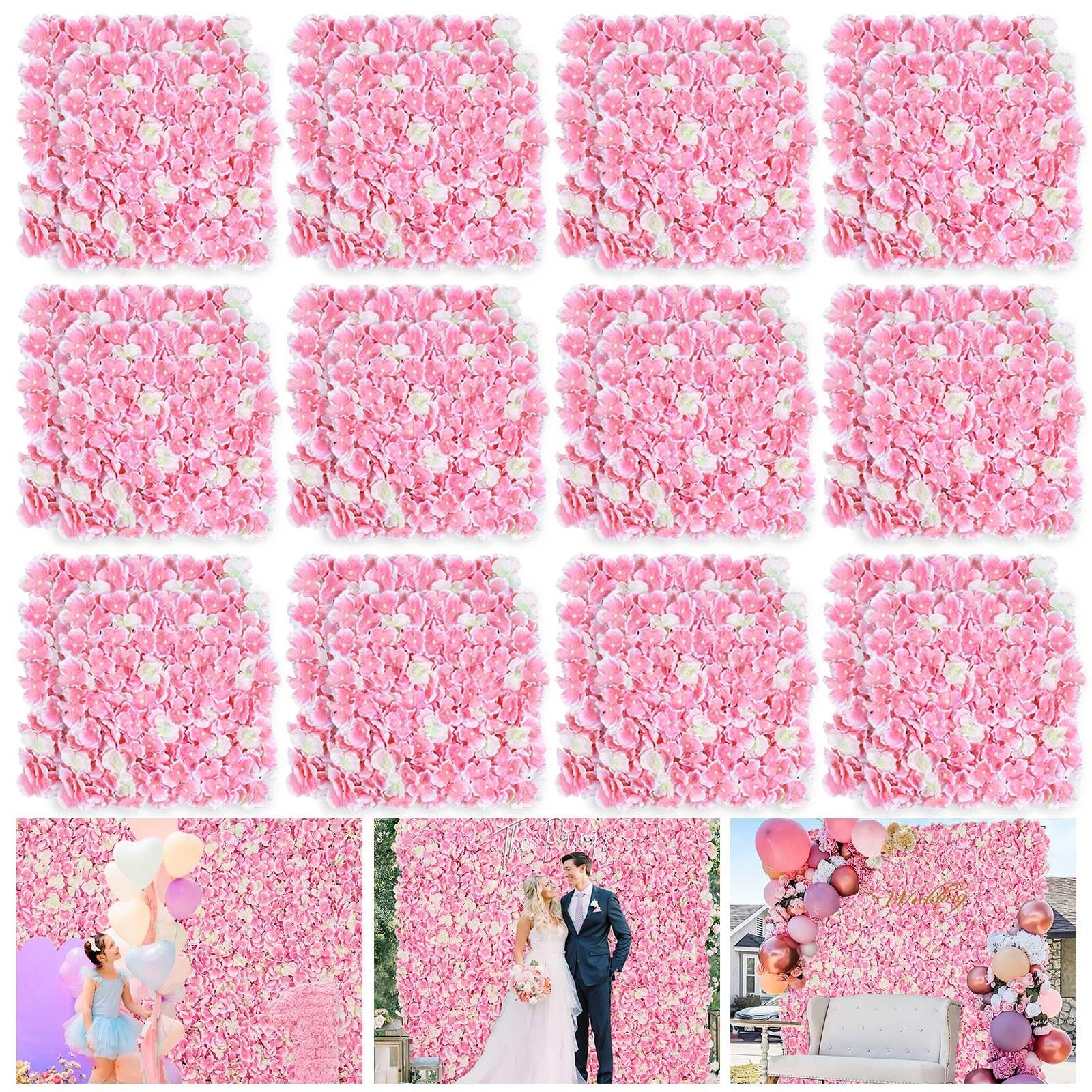 PSHDG HOME Pink 24 Pcs 3D Silk Flower Wall Panel 15x15 Inch