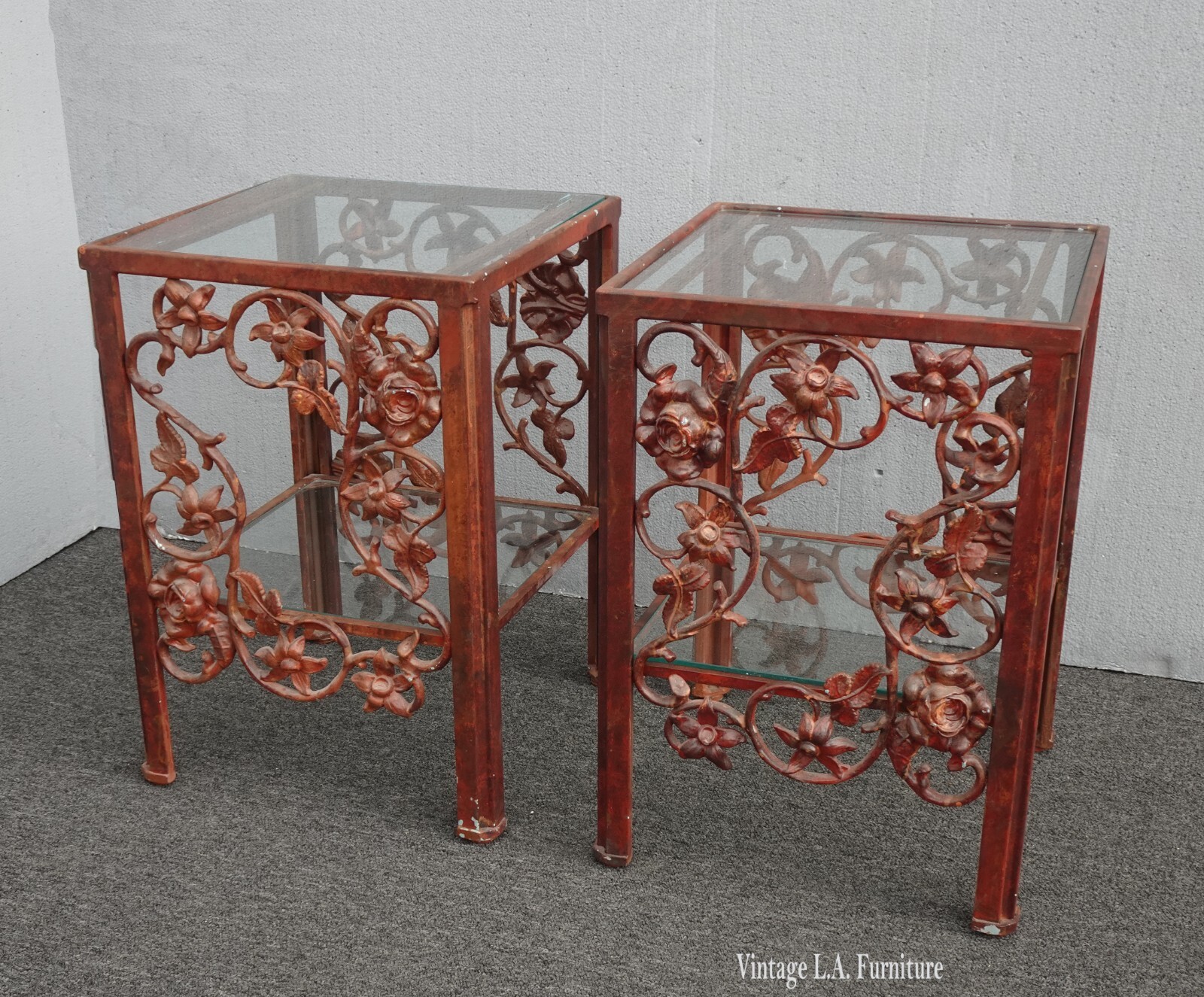 Pair of Ornate Floral Metal Brown End Tables ~ Nightstands French Country