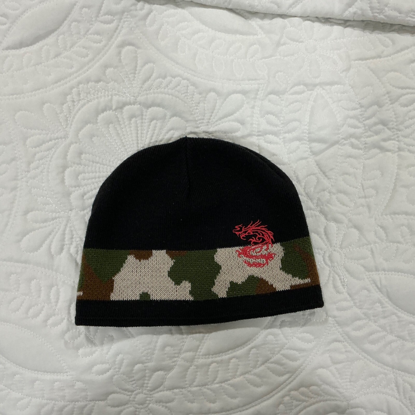 Boys BLACK CAMO Beanie Hat Red Dragon