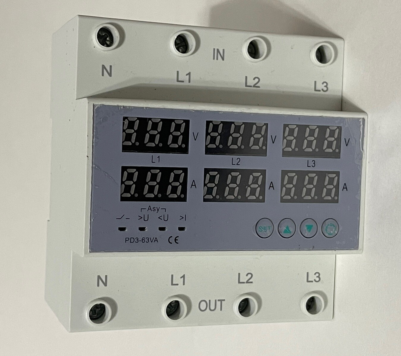 3 Phase DIN Rail Voltmeter Ammeter Auto-Overvoltage Overcurrent Protector AC 63A