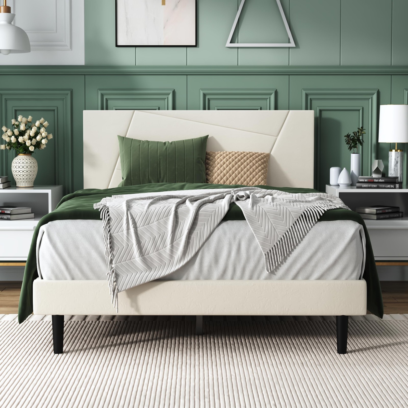 Full Size Bed Frame Platform with Velvet Upholstered Headboard, Geometric, St...