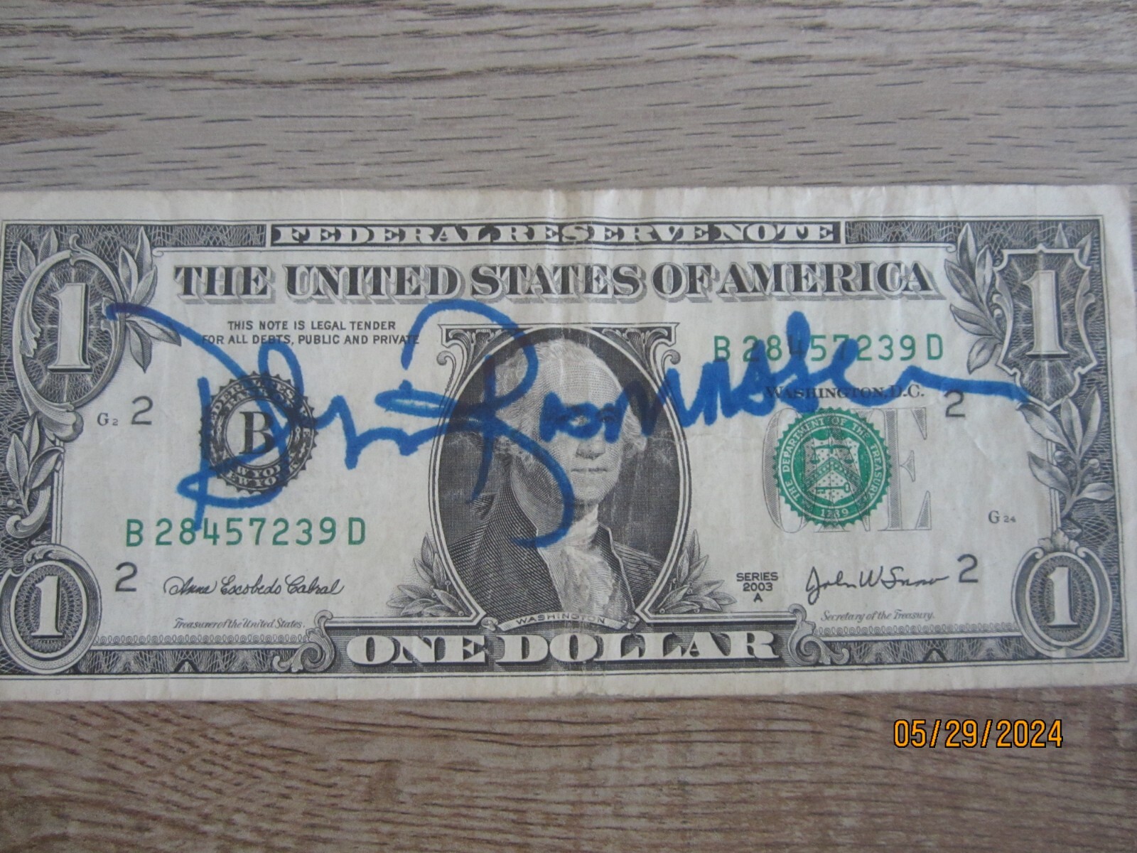 Dennis Rasmussen Autograph Signed Dollar Bill New York Yankees