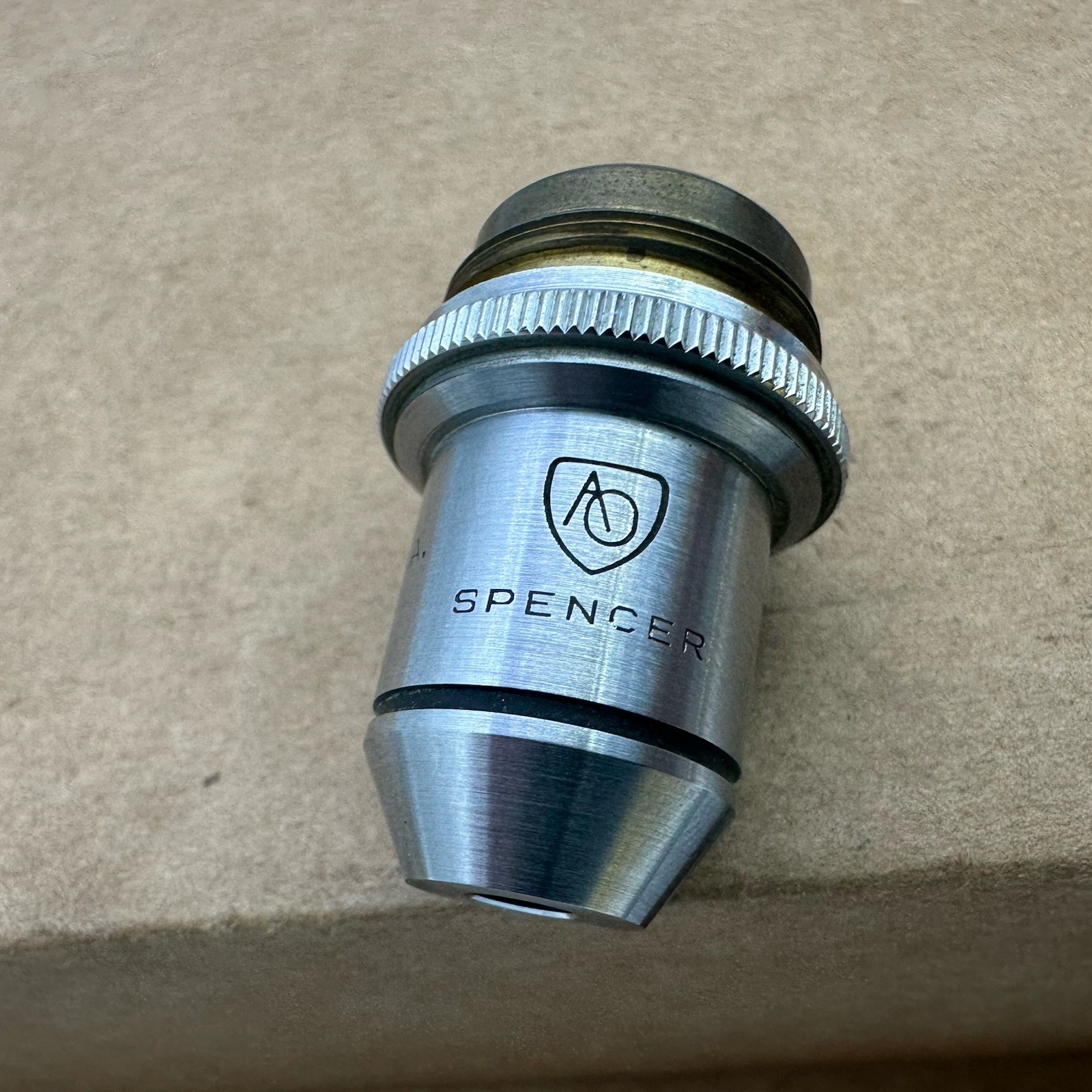 American Optical AO 1075 4/.12 Spencer Microscope Objective Lens Unit Vintage