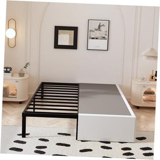 14 Inch Bed Frame with White Fabric Cover, Heavy Full 14 Inch with White Cover