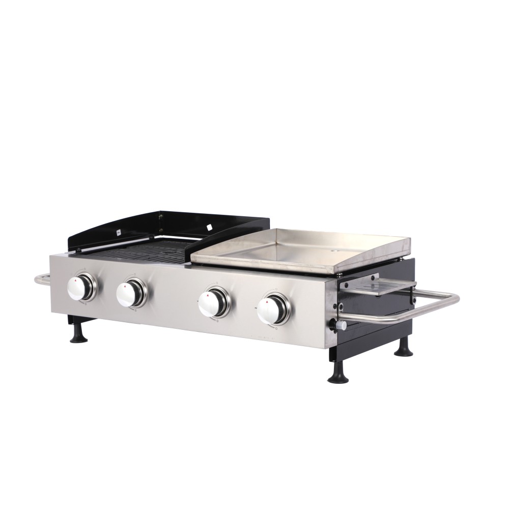 2 Burner Gas & Plancha Combo Grill, Cast Iron Grids, 38200BTU, Black/Silver