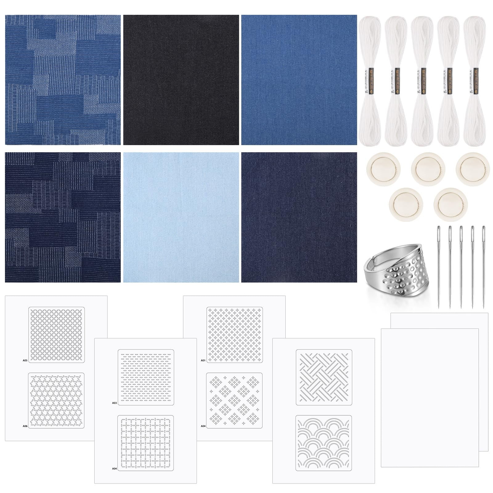 28 Pcs Sashiko Thread Kit Needles Denim Fabric as pictures shown