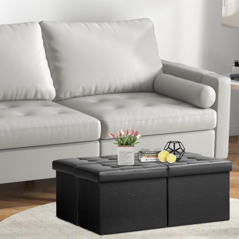 AmasSmile Footrest Ottoman Bench with Storage,34Inch Black Leather Footstool
