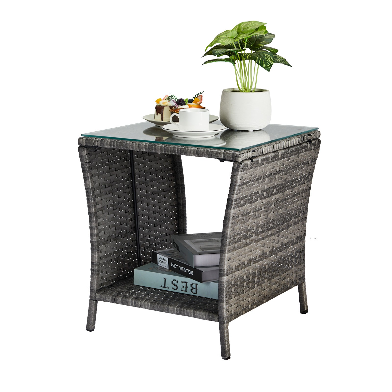 Wicker Side Table, Square End Table Bistro Coffee Table with Glass Top