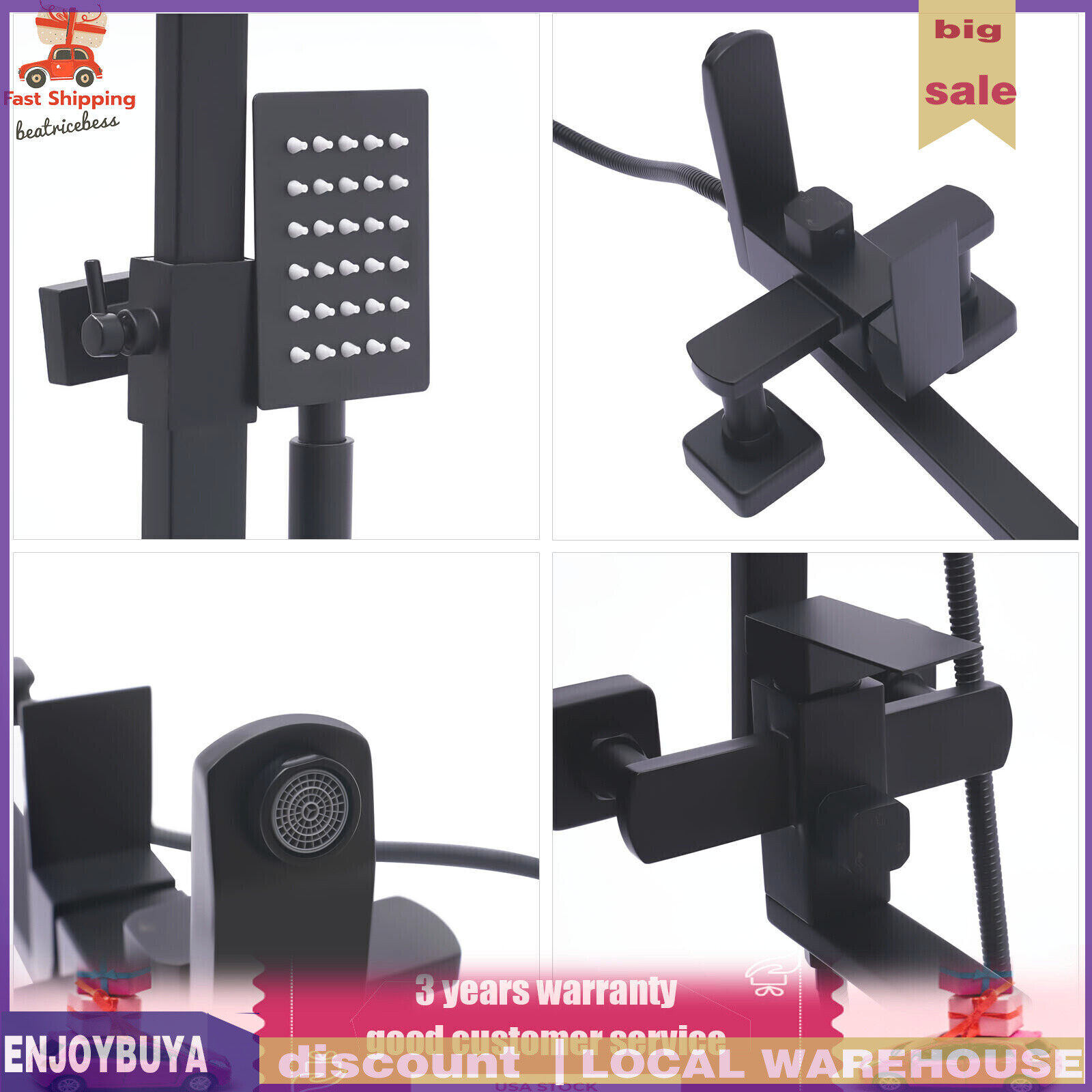 Shower Faucet Set System Rainfall Shower Head Handle Combo Kit Wall Mount Black