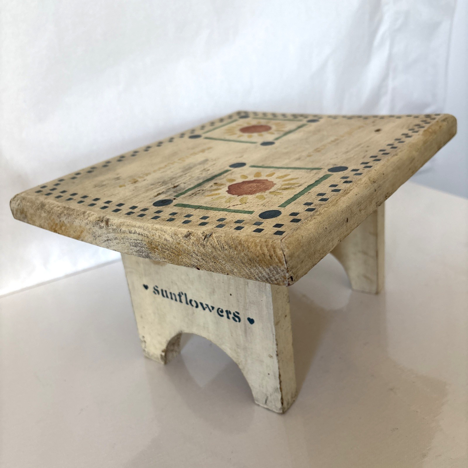Vintage Hand Crafted Painted Folk Art Stool Sunflowers 11x9x6 Rustic Primitive