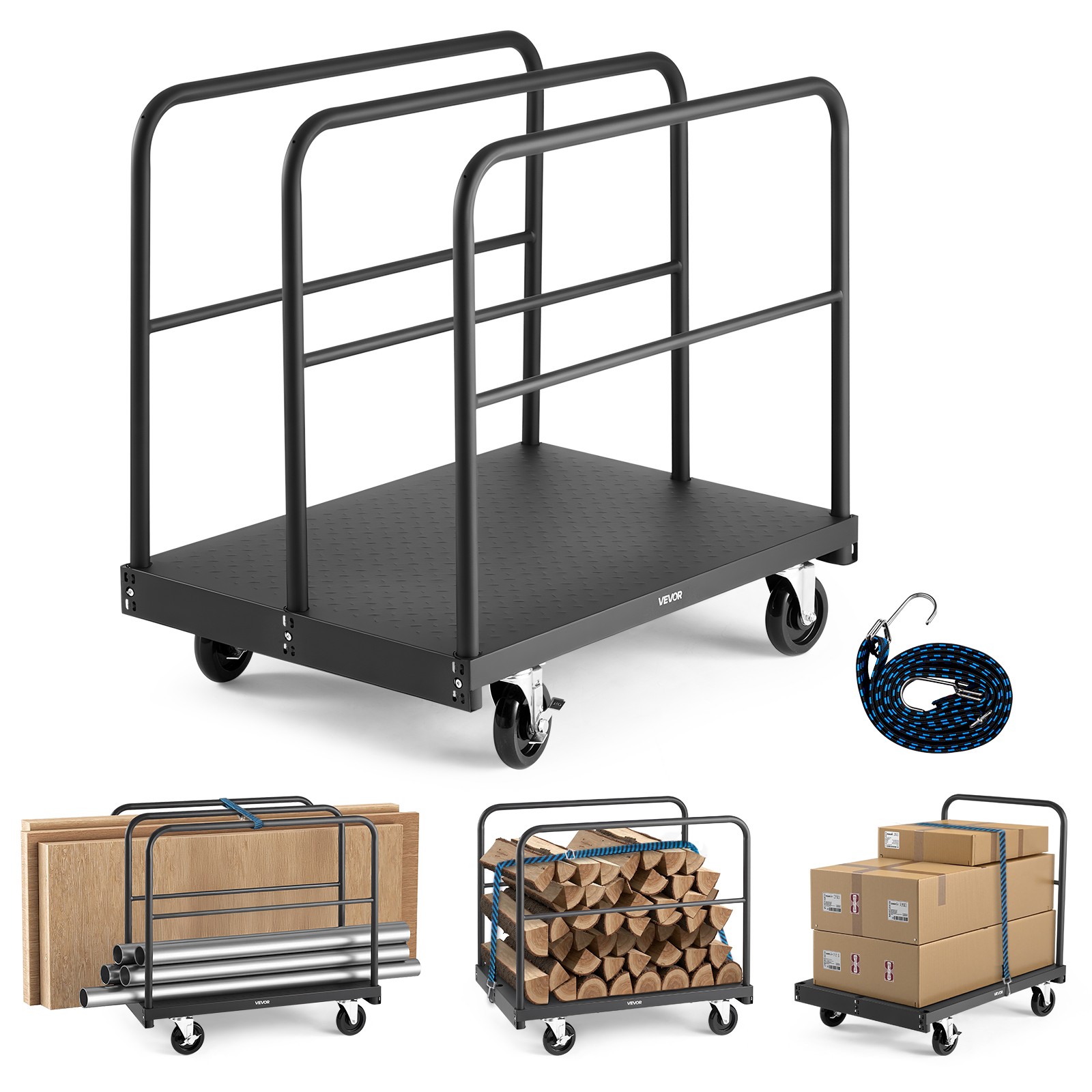 VEVOR Drywall Cart Dolly 1800 lbs 2-in-1 Steel Panel Truck Cart with 4 Handrails