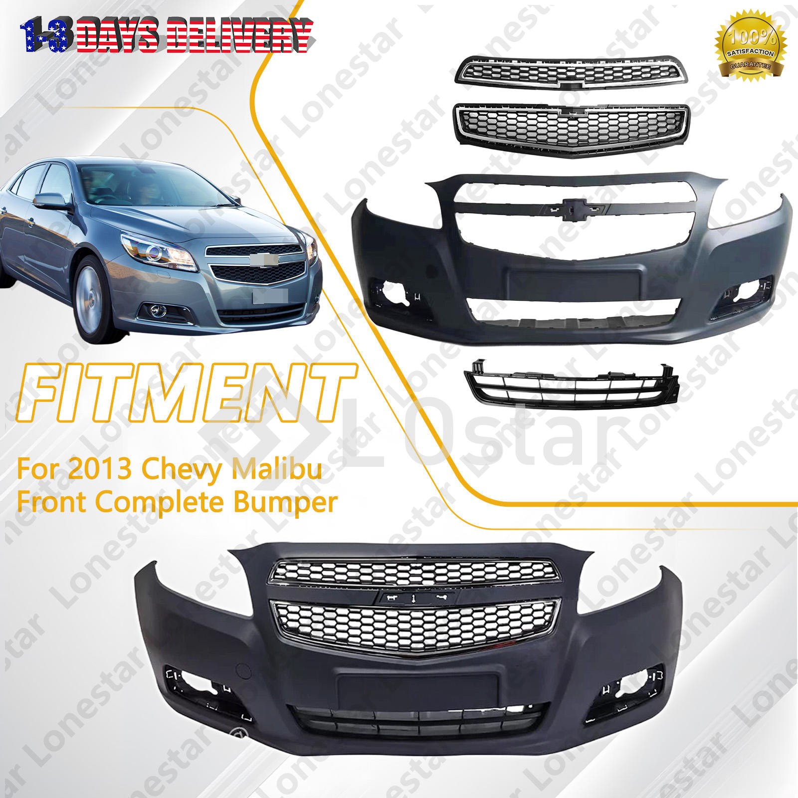 Complete Front Bumper Upper Center Lower Grille Assembly Fits 2013 Chevy Malibu