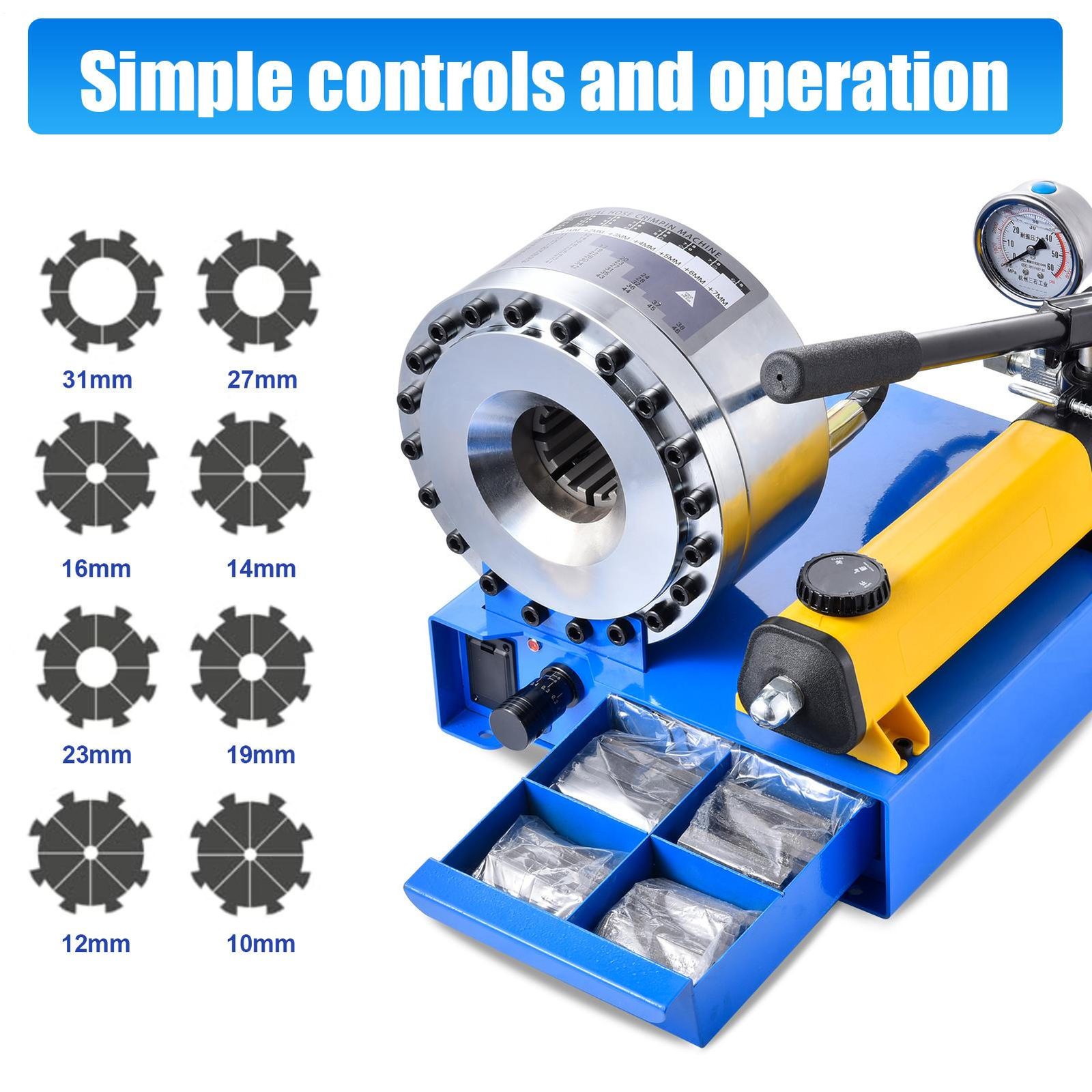 Hose Crimper Hydraulic Crimping Machine with Diameters 0.25-1" with 8 Drill Sets