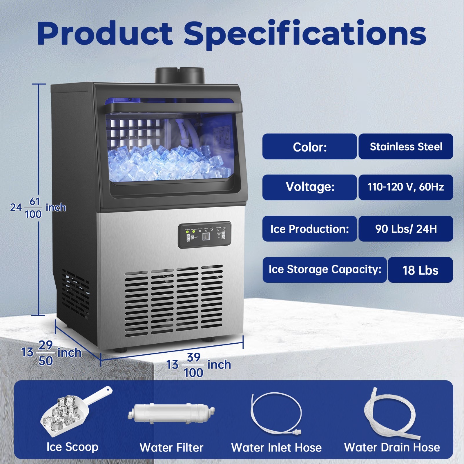 Commercial Ice Machine 90lbs Daliy18lbs Storage Stainless Steel Control Panel