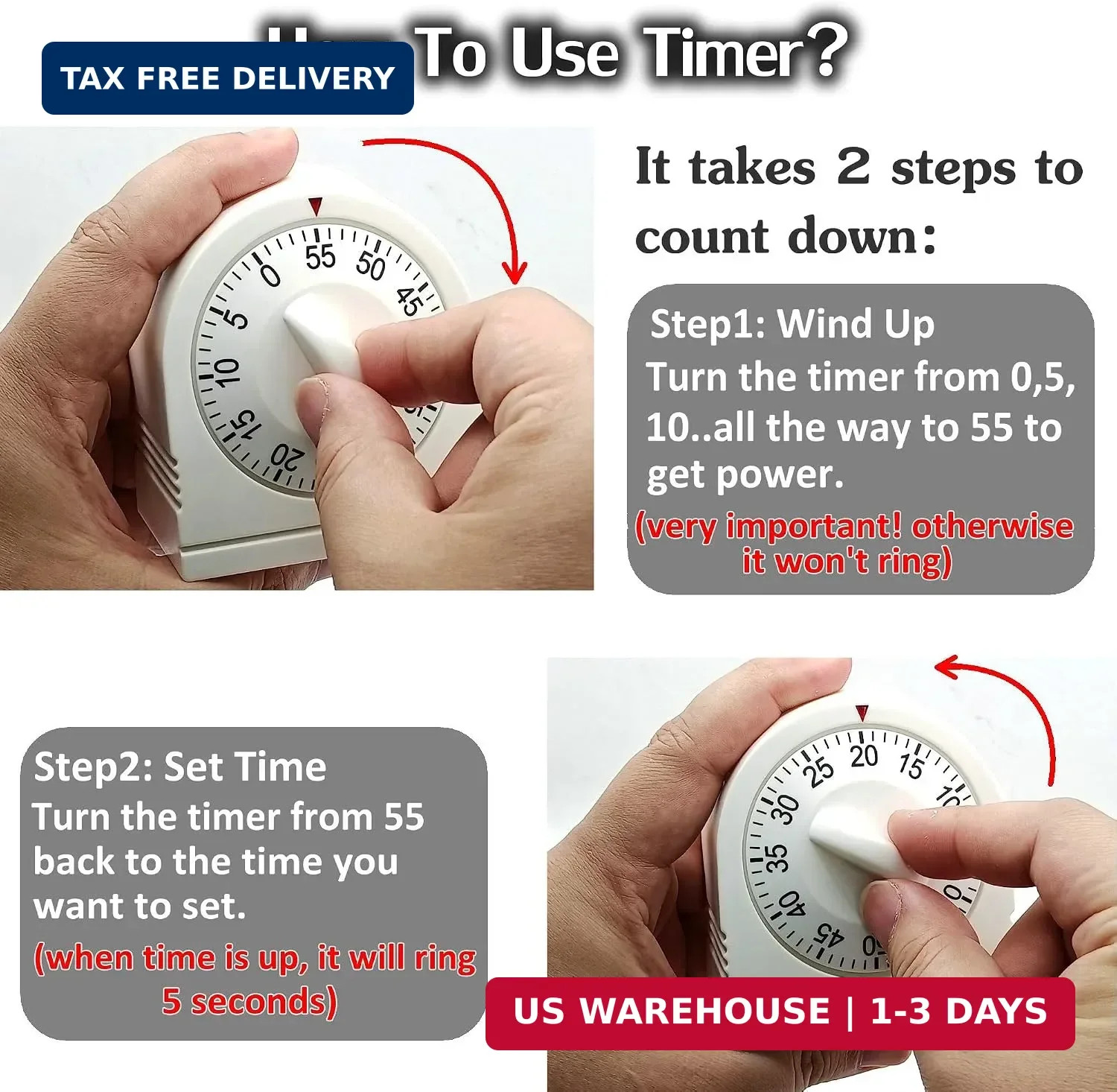 60 Minute Mechanical Wind Up Timer Loud Alarm Visual Countdown White