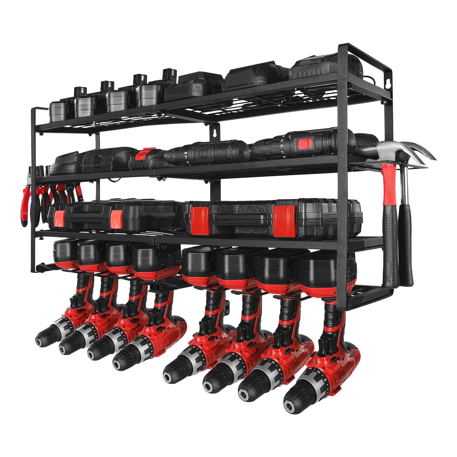 Power Tool Organizer Wall Mount, 4-Layer Storage Rack with 8 Drill Holders
