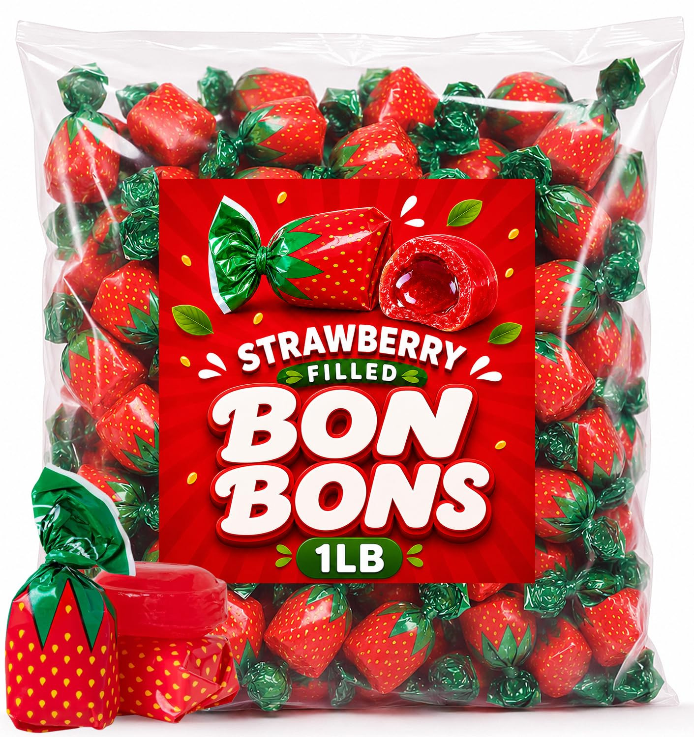 Strawberry Filled Hard Candy – | 1 LB Value Bag |,Individually Wrapped Strawberr