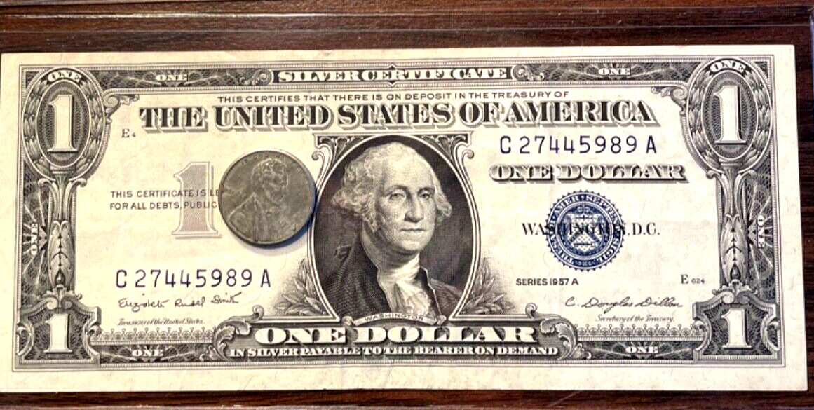 1943 Steel cent/penny 1935 OR  1957 Silver Certificate, lot of 1 coin and 1 note