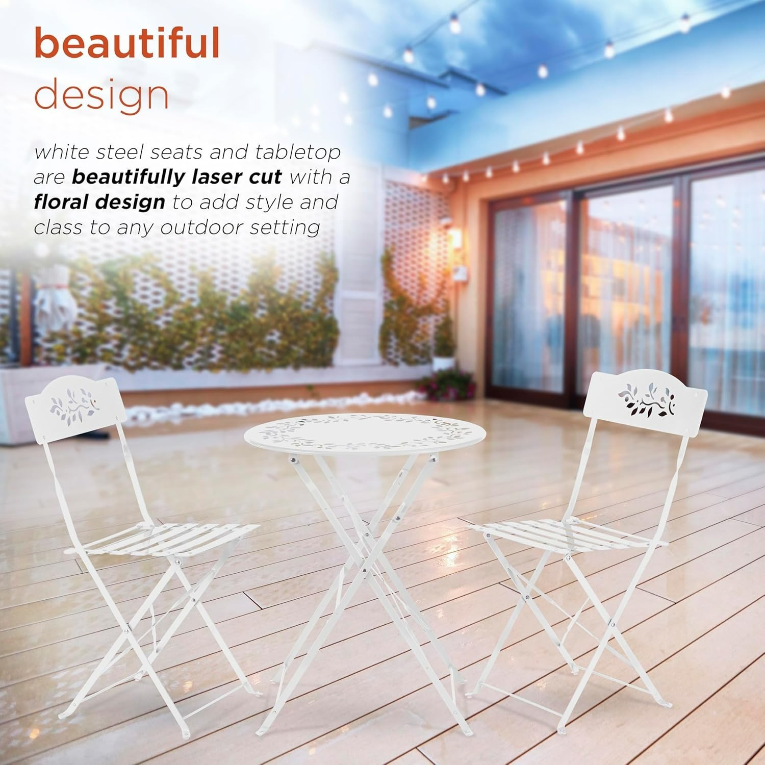 Compact White Bistro Set - 3-Piece Folding Table & Chairs for Stylish Spaces