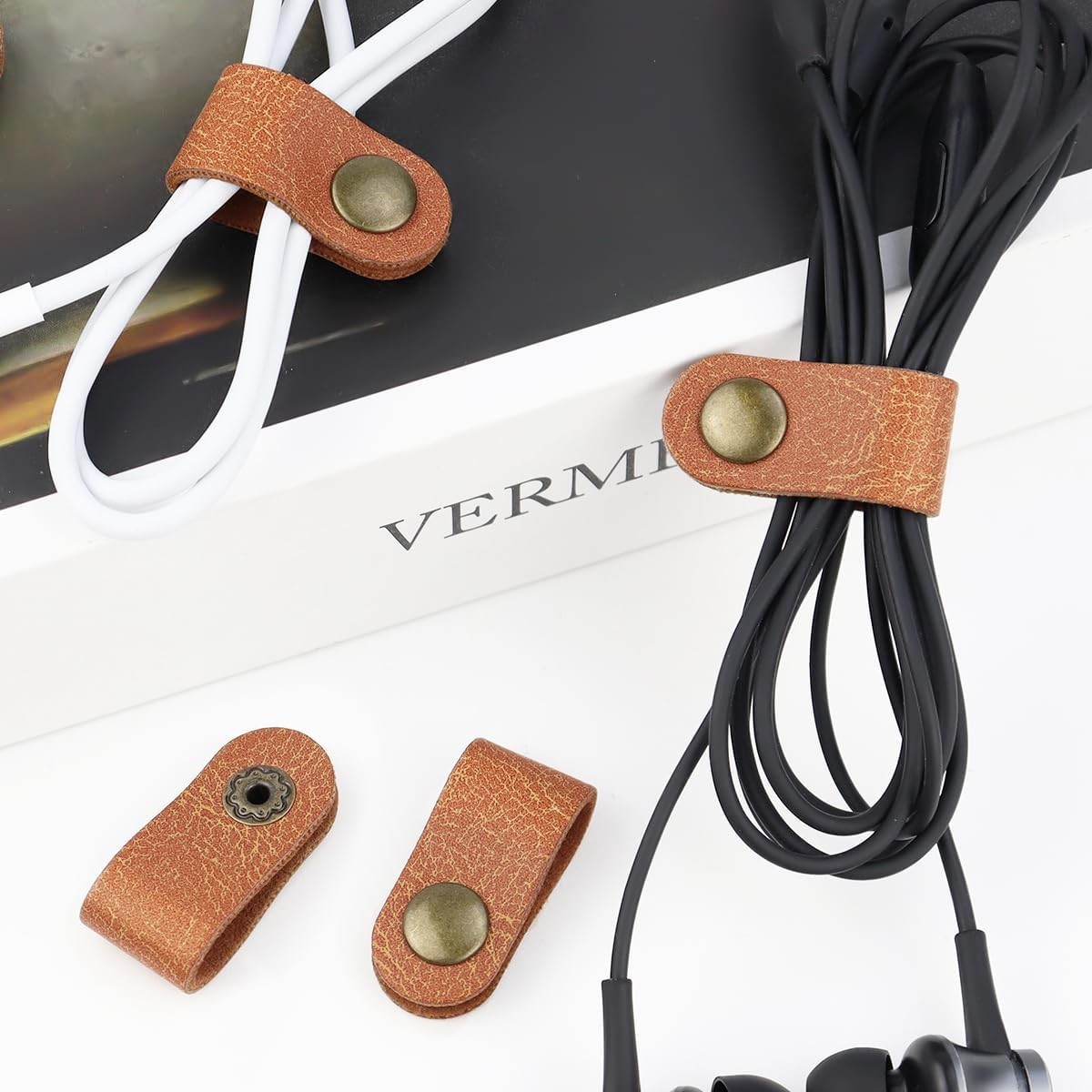5 Pieces PU Leather Cord Organizer Reusable Cable Keeper for...