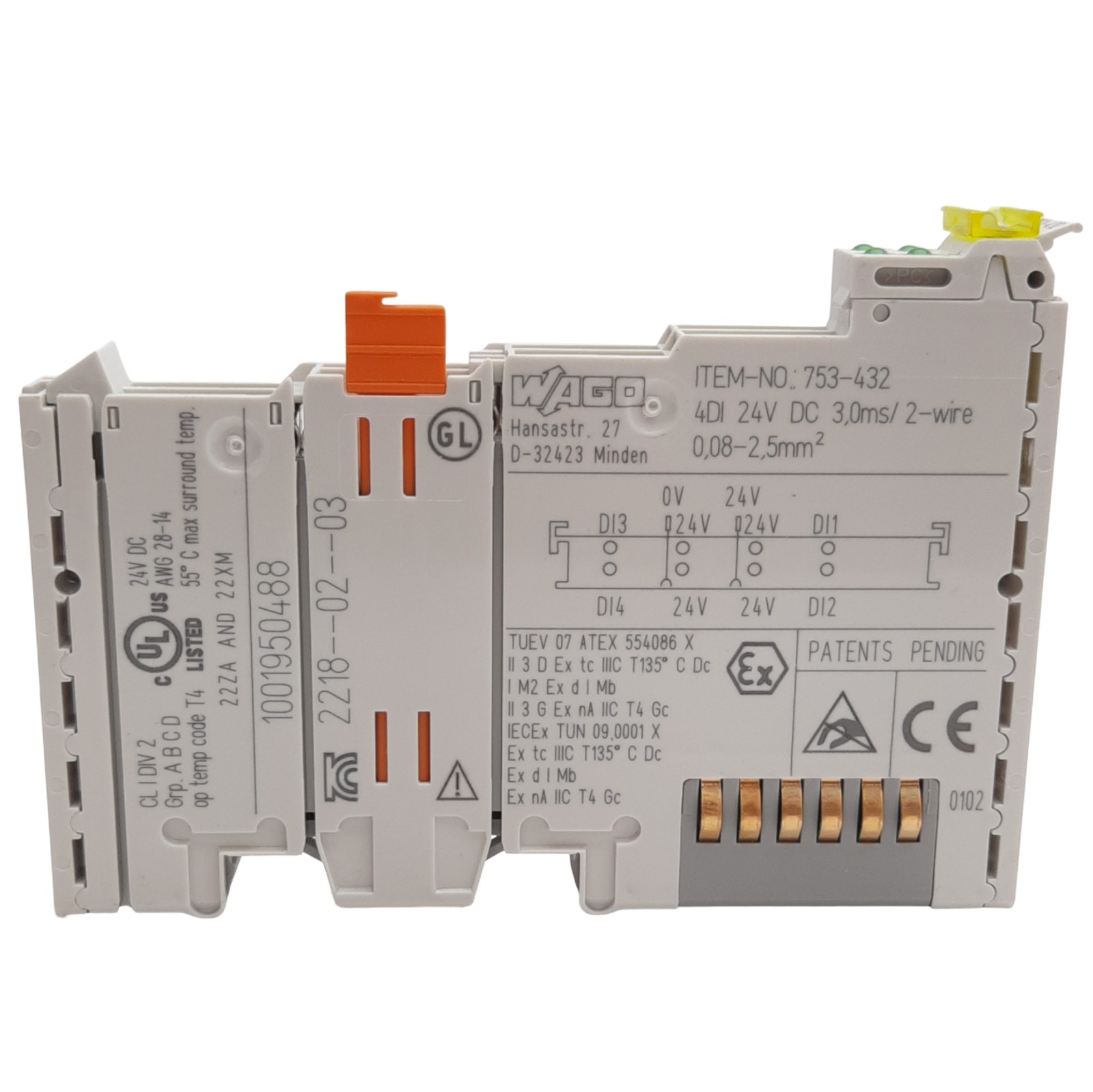 WAGO 753-432 4-Channel Digital Input Module 24VDC, 10A, 4 Inputs, DIN Rail