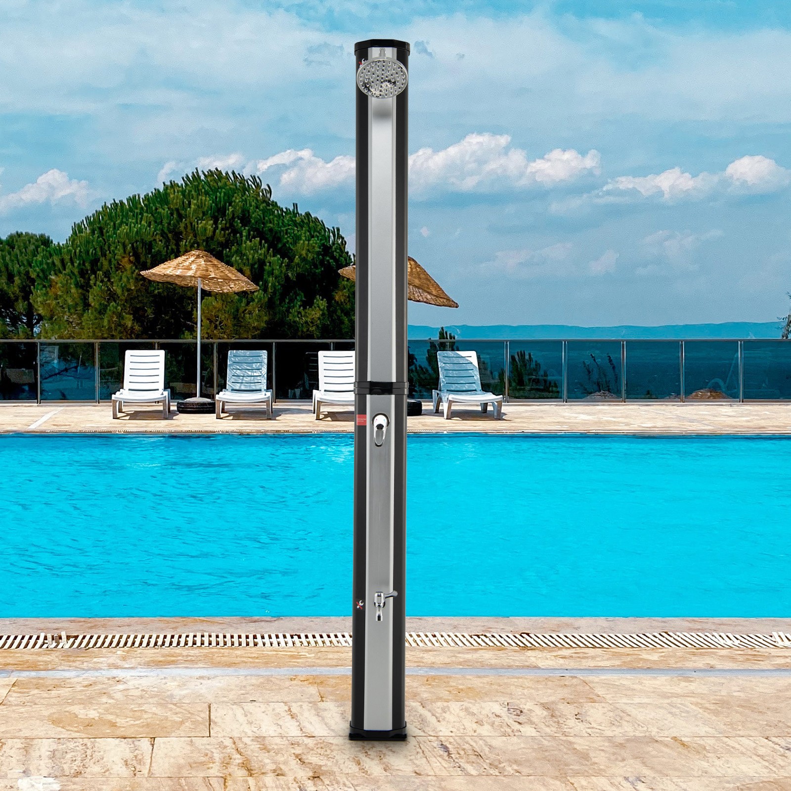 7.2 FT Outdoor Solar Heated Shower 9.3 Gallon 2-Section Freestanding Shower Grey
