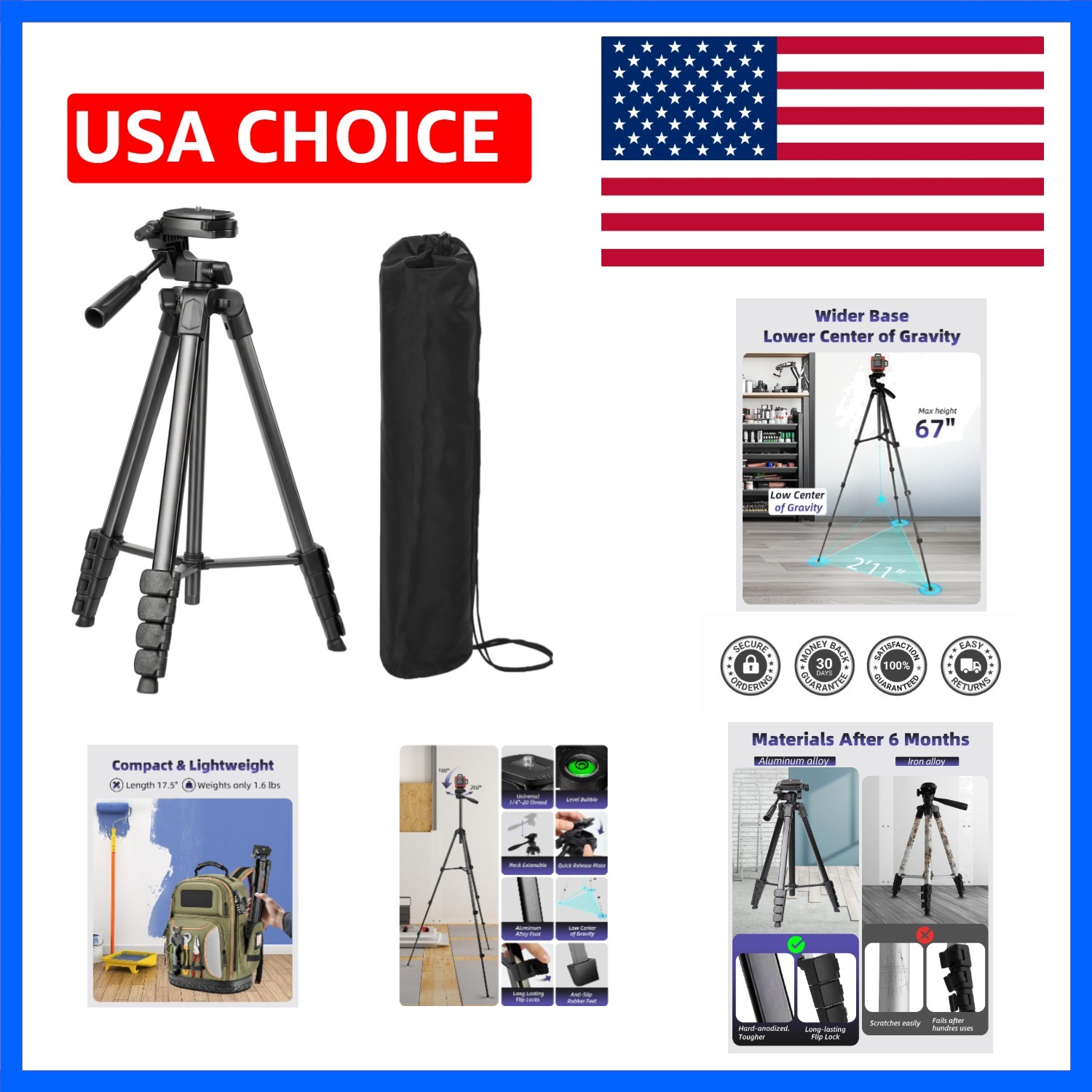 67" Aluminum Laser Level Tripod, 1/4" Screw, QR Plate,Clearer Bubble Level | ...