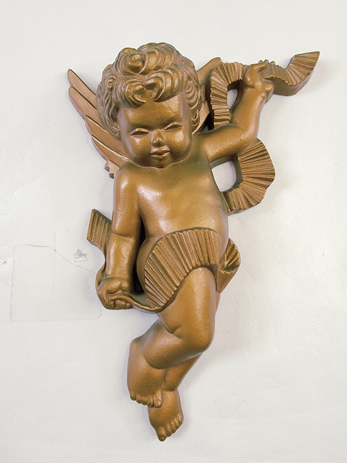 1980 Burwood New Haven #2481 21" Ornate Gold Hanging Wall Clock & 2 1970 Cherubs