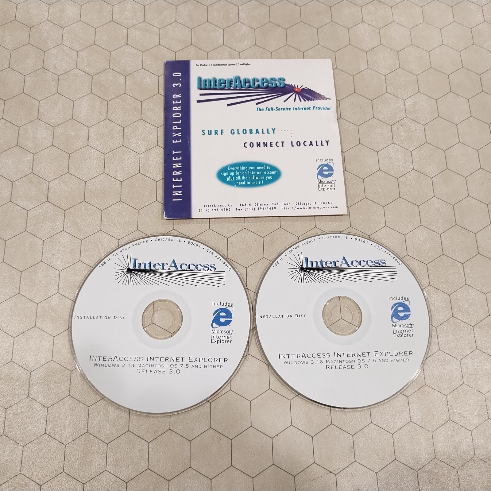 InterAccess Chicago ISP CD-ROM lot (2), includes IE 3.0, Windows/Mac, 1990s