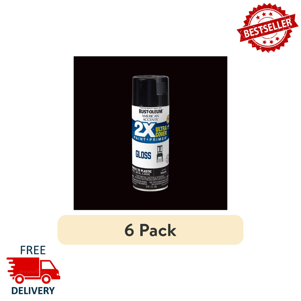 (6 Pack) Rust-Oleum 2X Ultra Cover Gloss Black Spray Paint 12oz, Paint & Primer