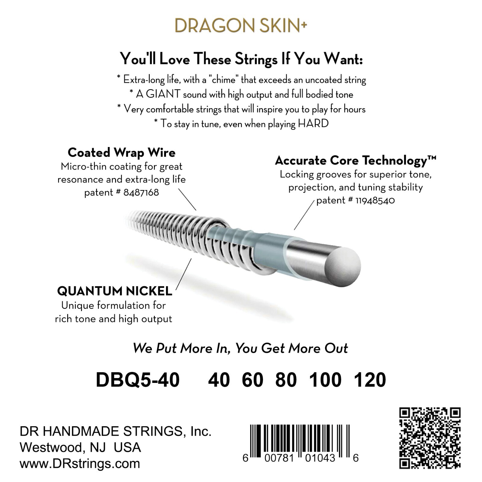 DR Strings DRAGON SKIN+ Bass Strings 5 String Light 40-120 [DBQ5-40]