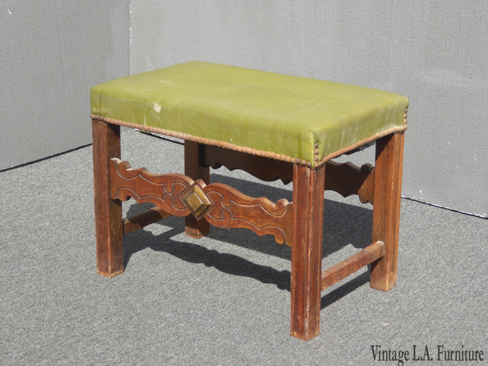 Vintage MIssion Style Sage Green Vinyl Bench with Decorative Nails