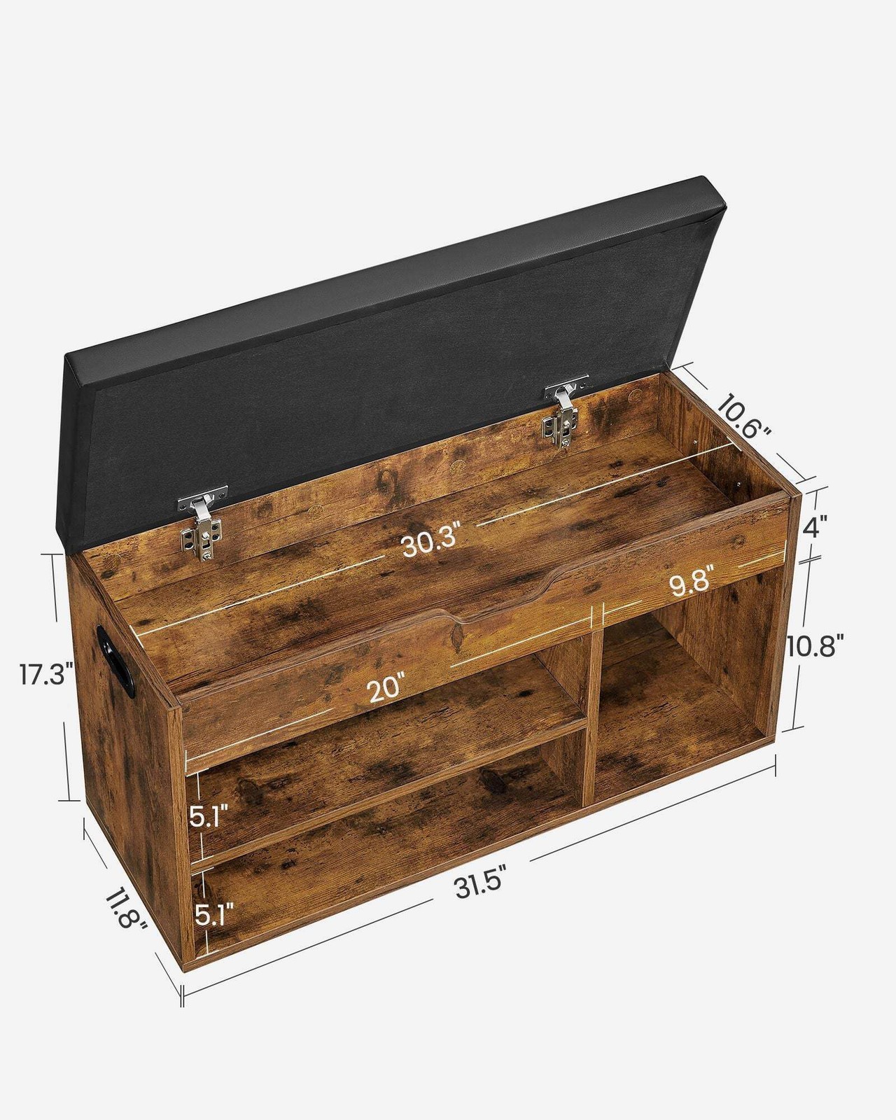 Storage Bench with Cushion, Padded Seat, 3 Compartments