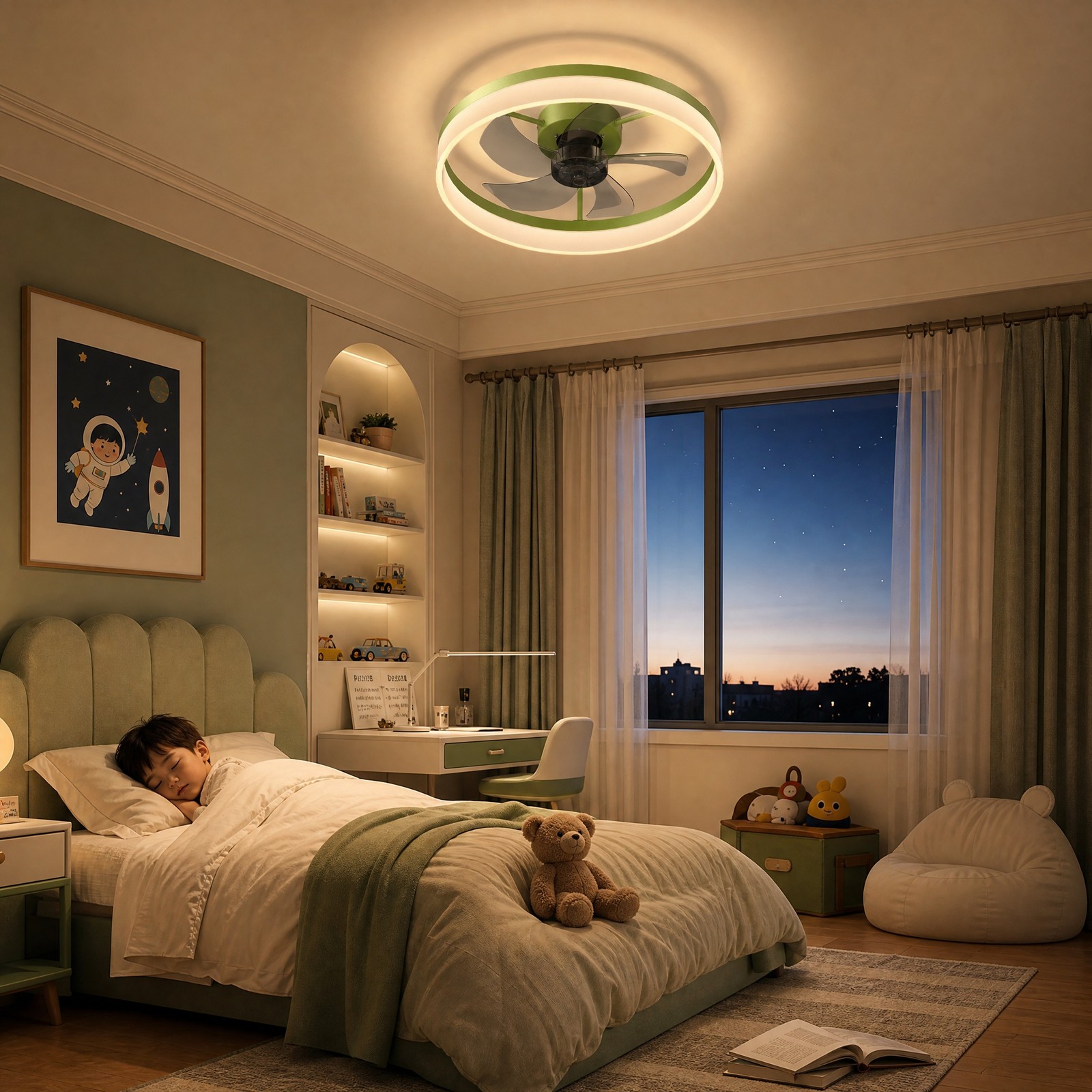 20'' Modern Green Ceiling Fan with LED Light Remote APP Control Flush Mount Kit