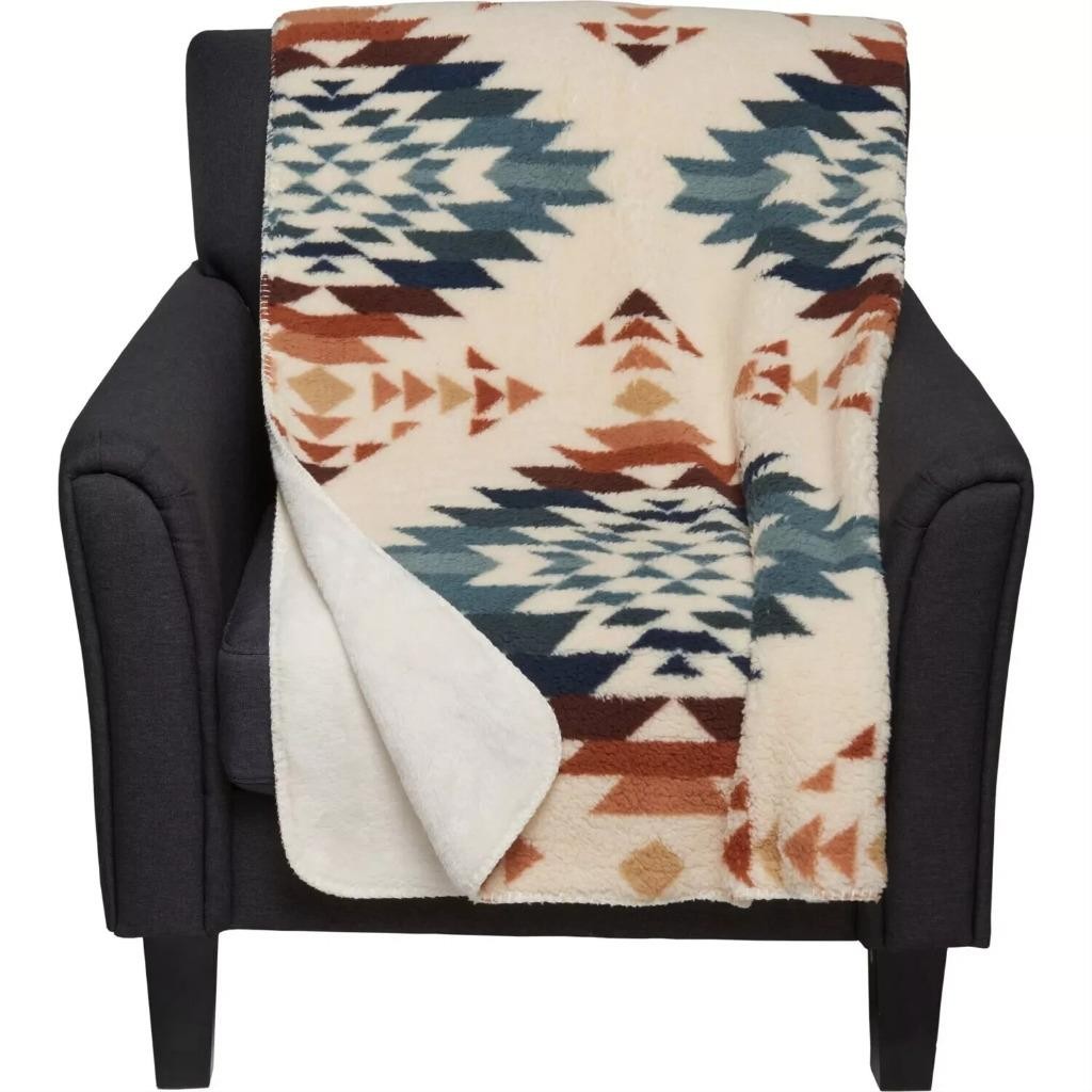 New NWT Brown Teal Peak Canyon Aztec Lodge Pendleton Sherpa Fleece Throw Blanket