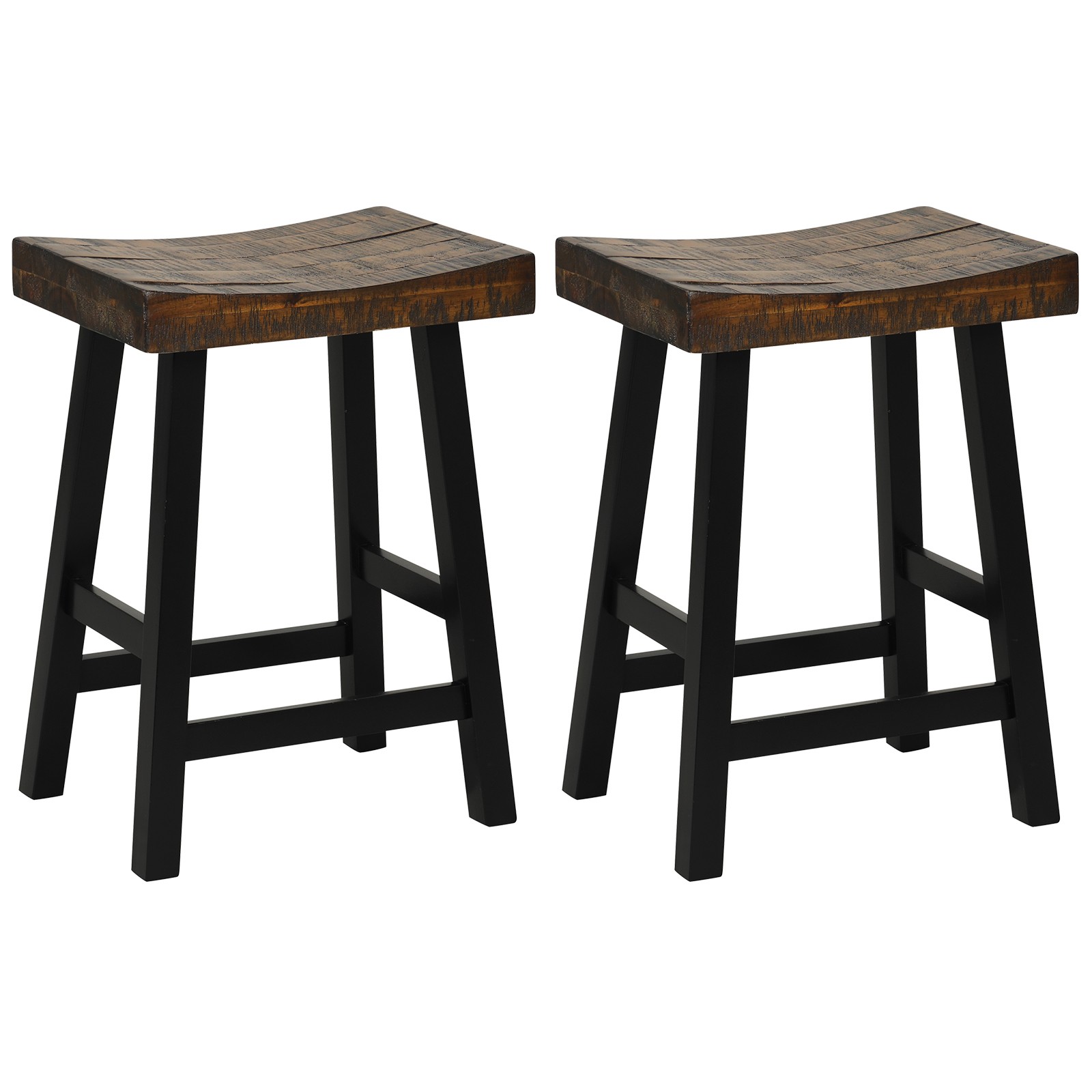 24" Bar Stool Set of 2 Counter Height Solid Wood Curved Saddle Seat Footrest