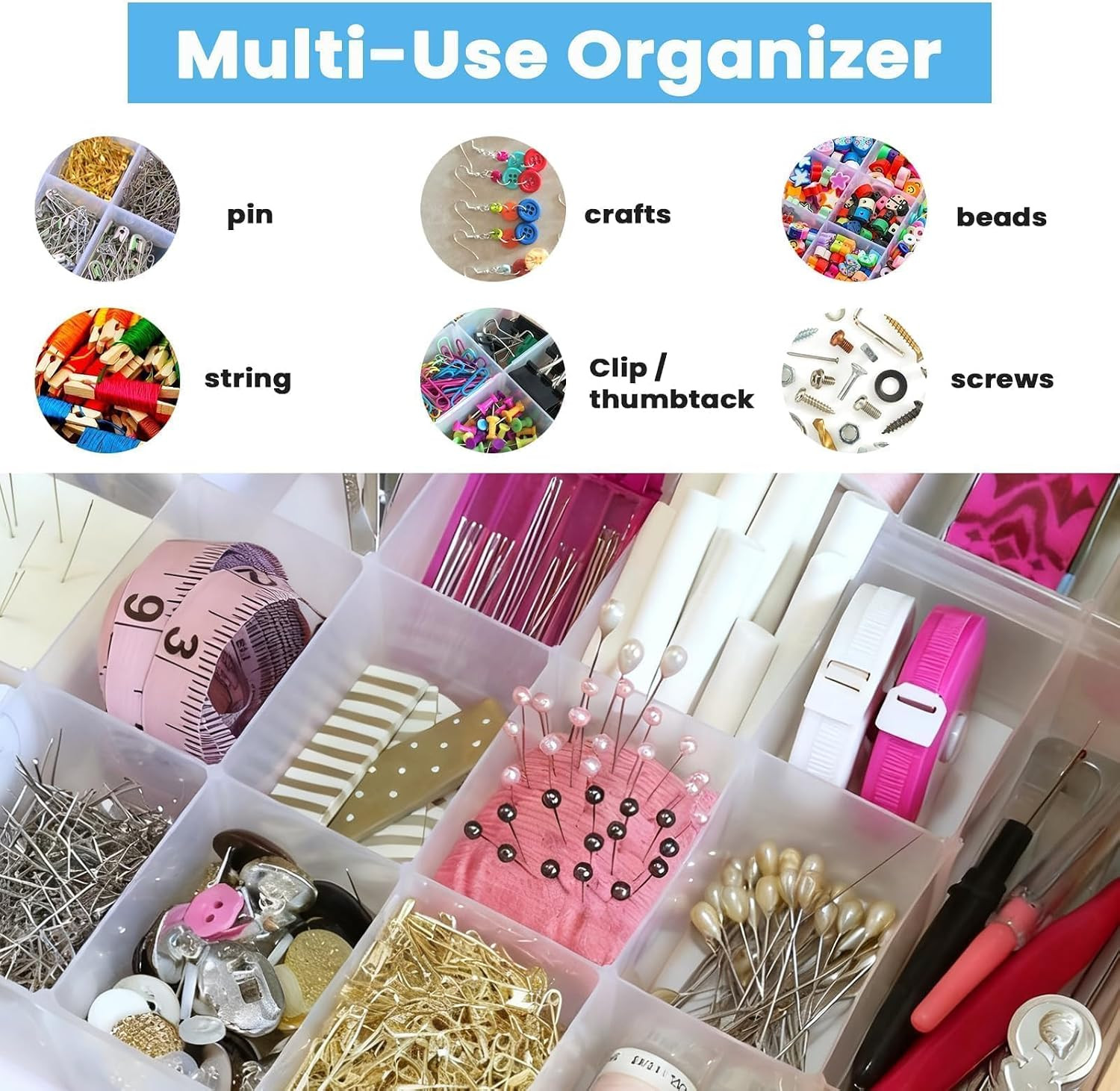 2Pack 24-Grid Clear Plastic Bead Organizer Box with Adjustable Dividers | Clear