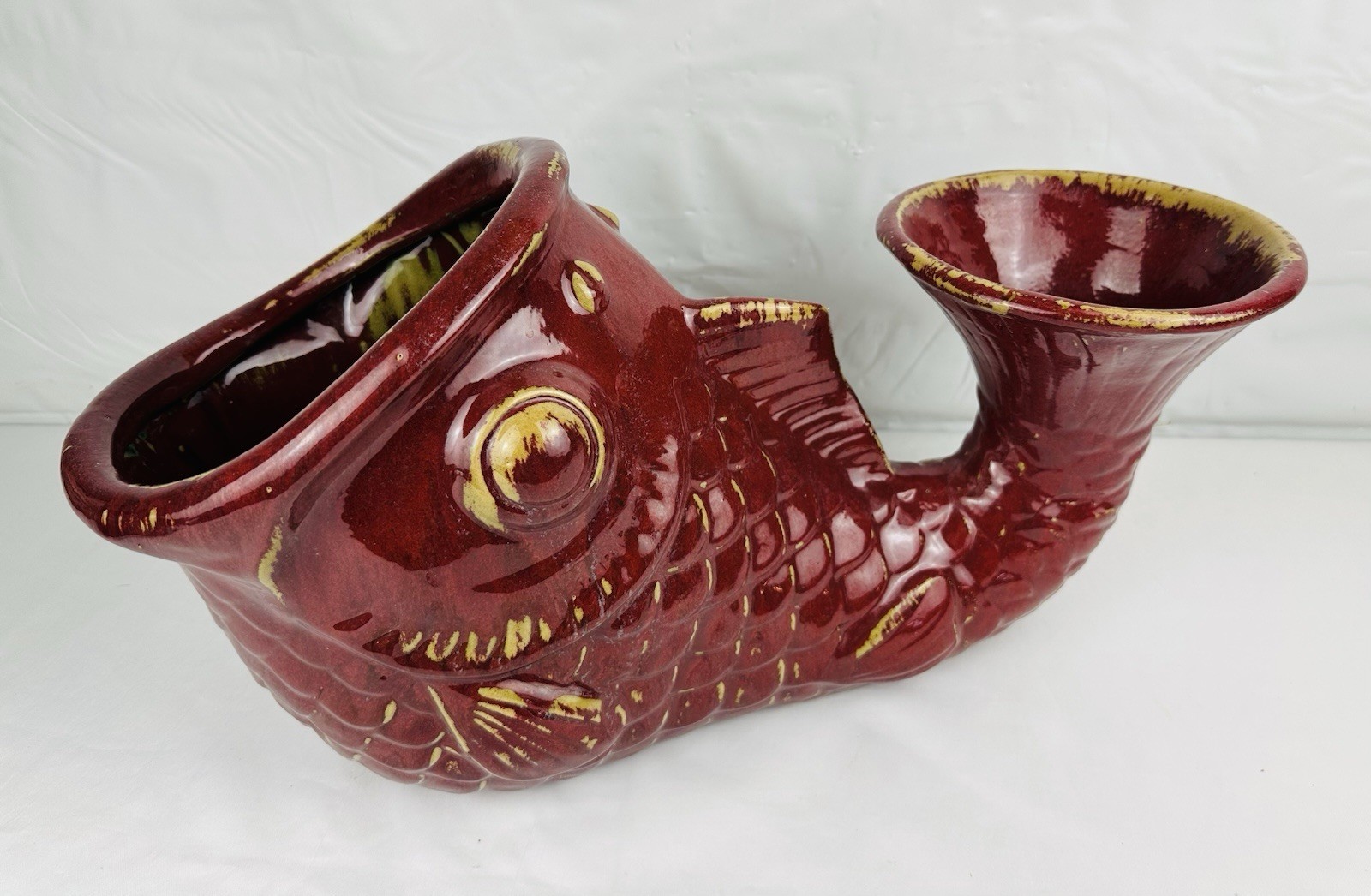 VTG 18” Koi Fish Double Planter Wide Mouth Gladding McBean? Pottery Burgundy