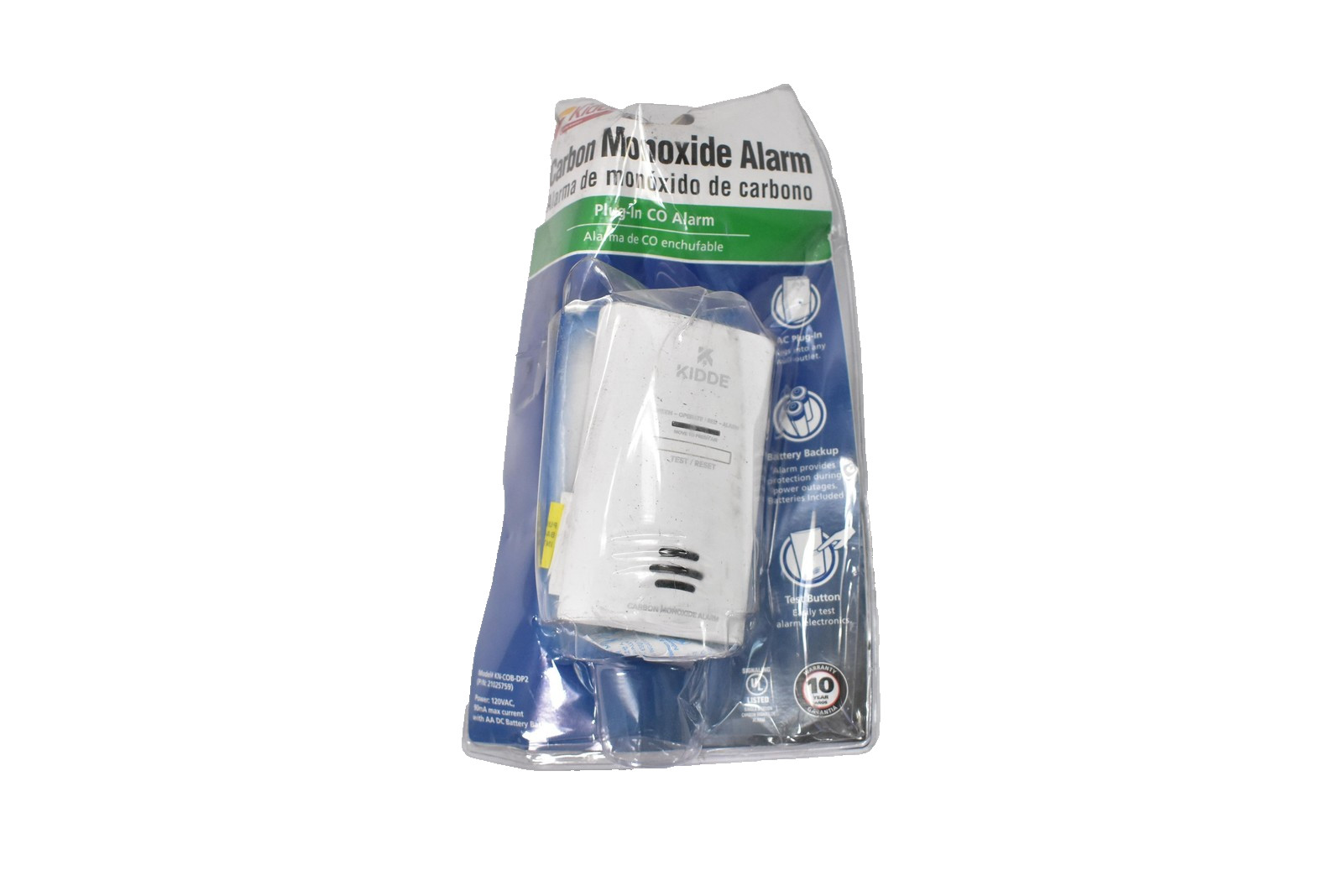 Kidde Carbon Monoxide Alarm Plug-In CO Detector Battery Backup KN-COB-DP2 New