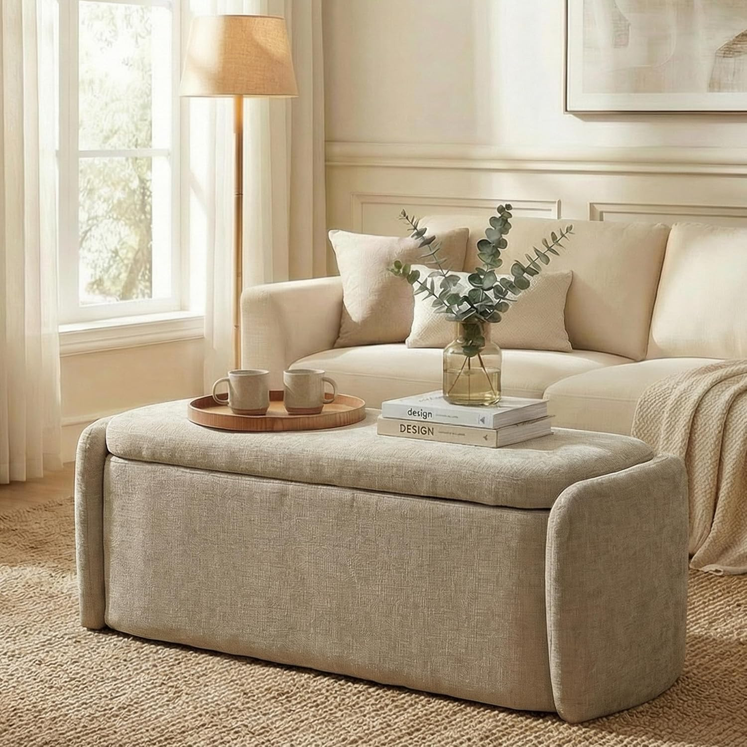 VKNOW 46" Oval Storage Ottoman Bench, Upholstered End of Bed Bench Ottomans Benc