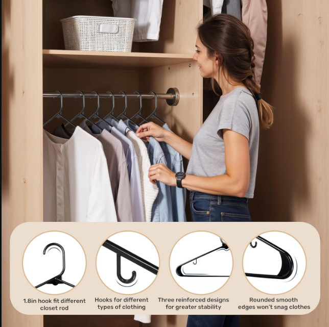 50 Pack Plastic Hangers with Hooks Non Slip Space Saving Black Durable Closet...