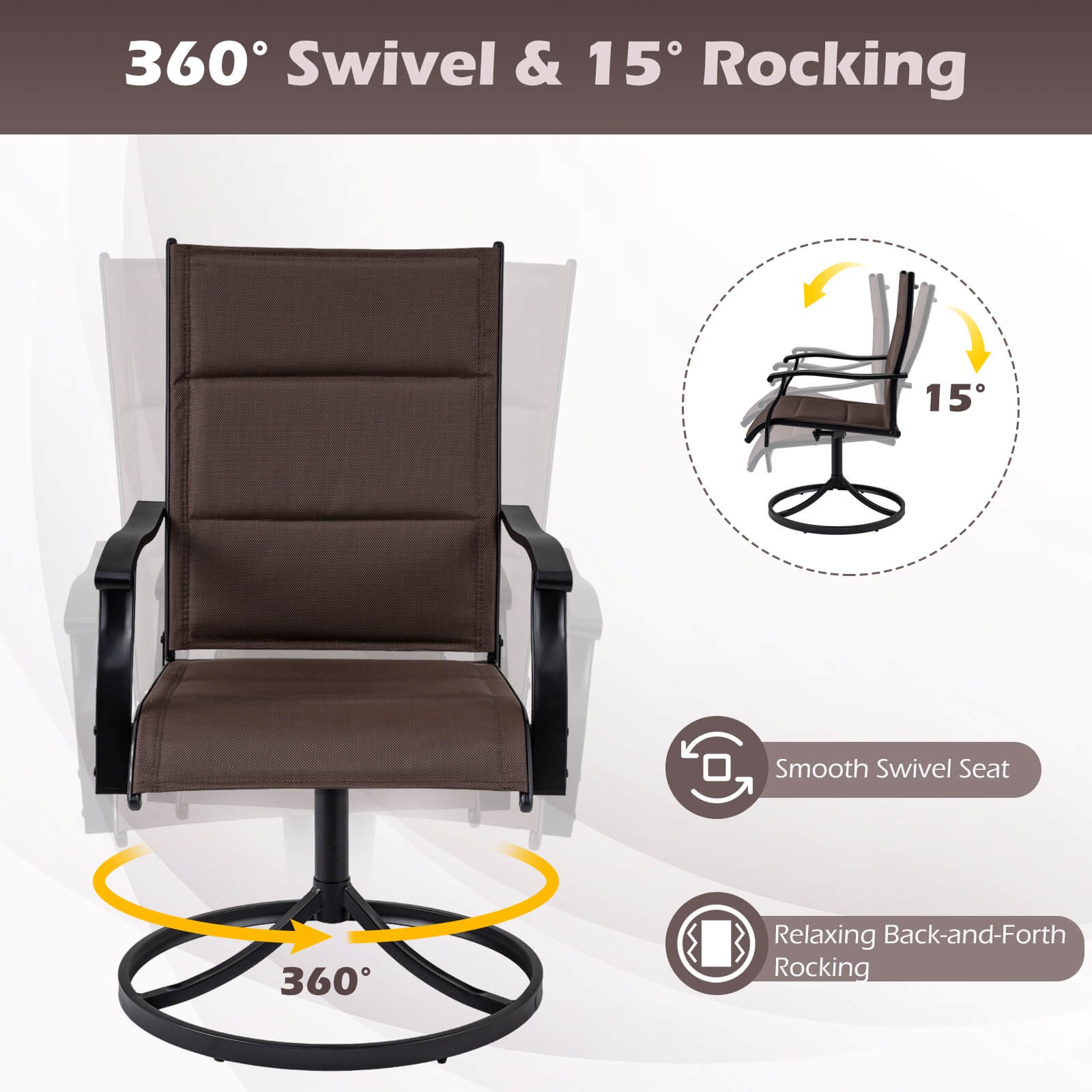 Padded Patio Swivel Chairs Set of 2, Ergonomic Outdoor Dining Chairs w/High Back