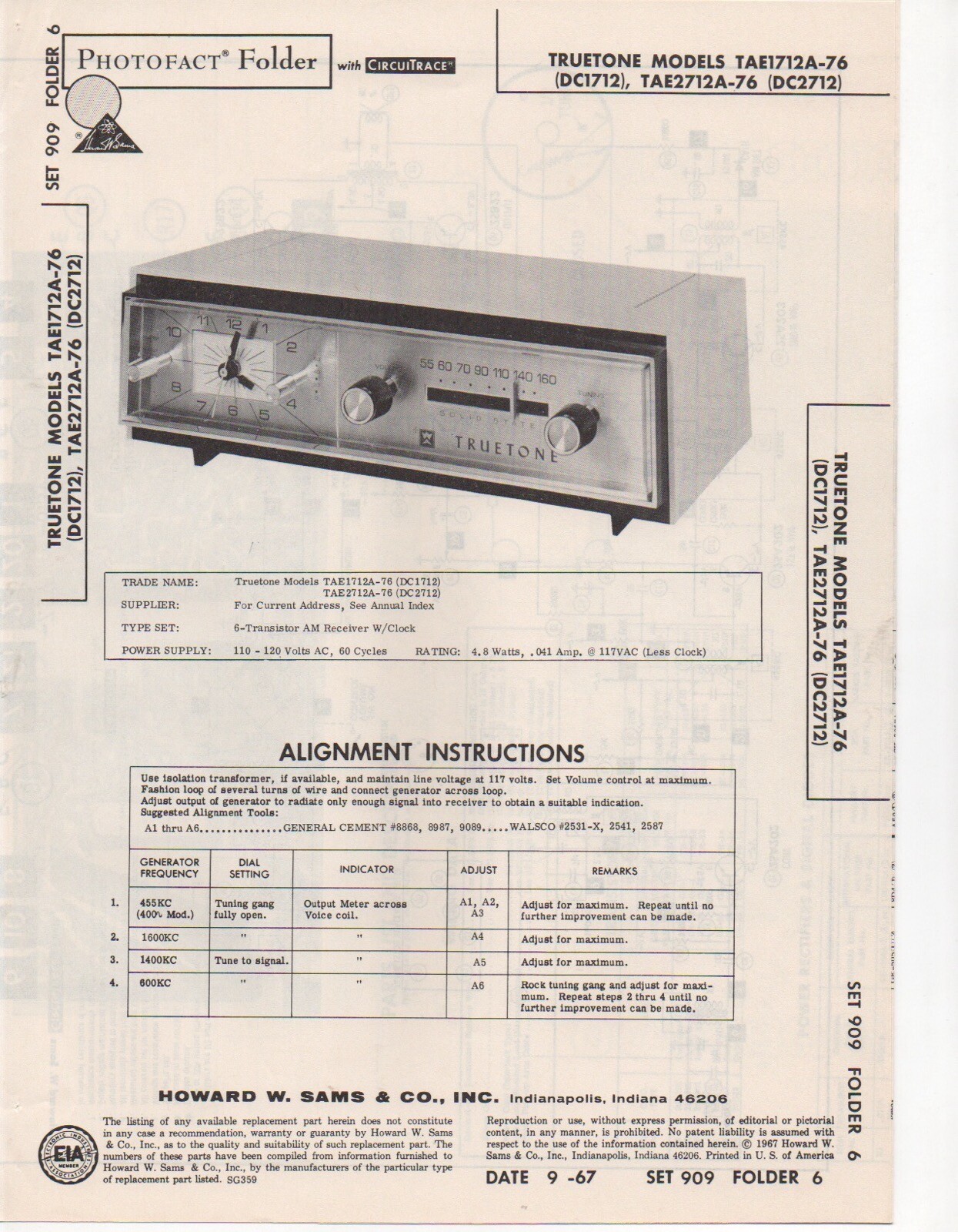 1967 TRUETONE TAE-1712A-76 RADIO SERVICE MANUAL SCHEMATIC PHOTOFACT  DC1712 MORE