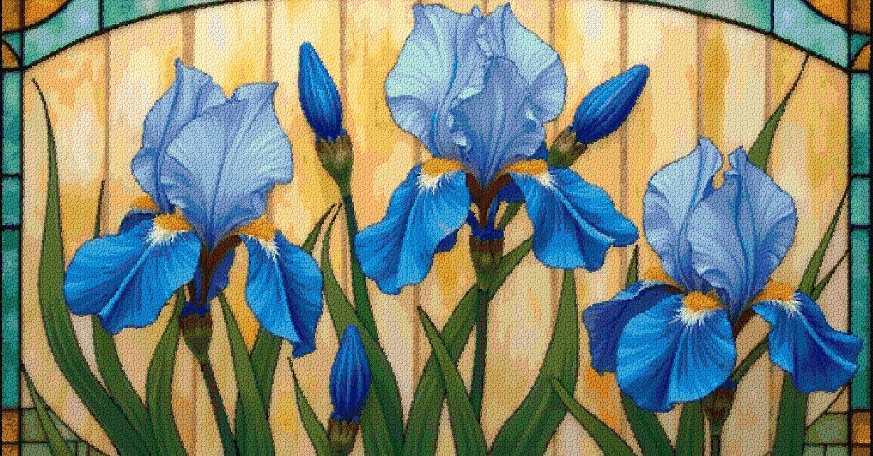 Blue Irises on Cream Fence Cross Stitch Design, INC Full Pattern Keeper File