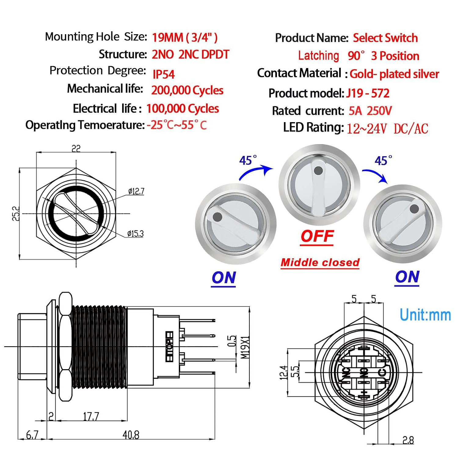 UL Listed 3 Position Rotary Switch 19mm 12V-24V DC/AC, Latching Selection Switch