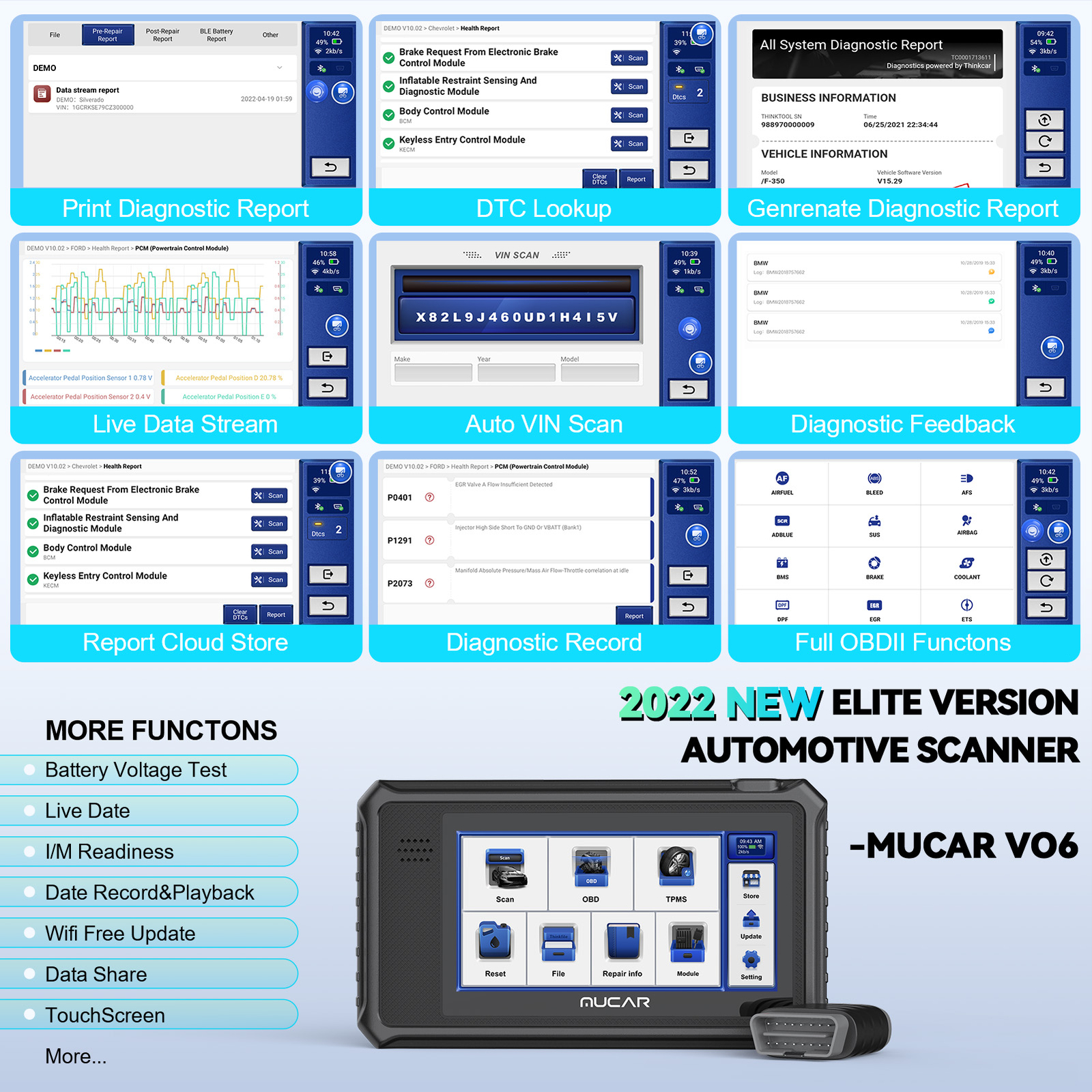 MUCAR OBD2 Scanner Diagnostic Tool All System IMMO Key Cod-ing Reader ABS TPM