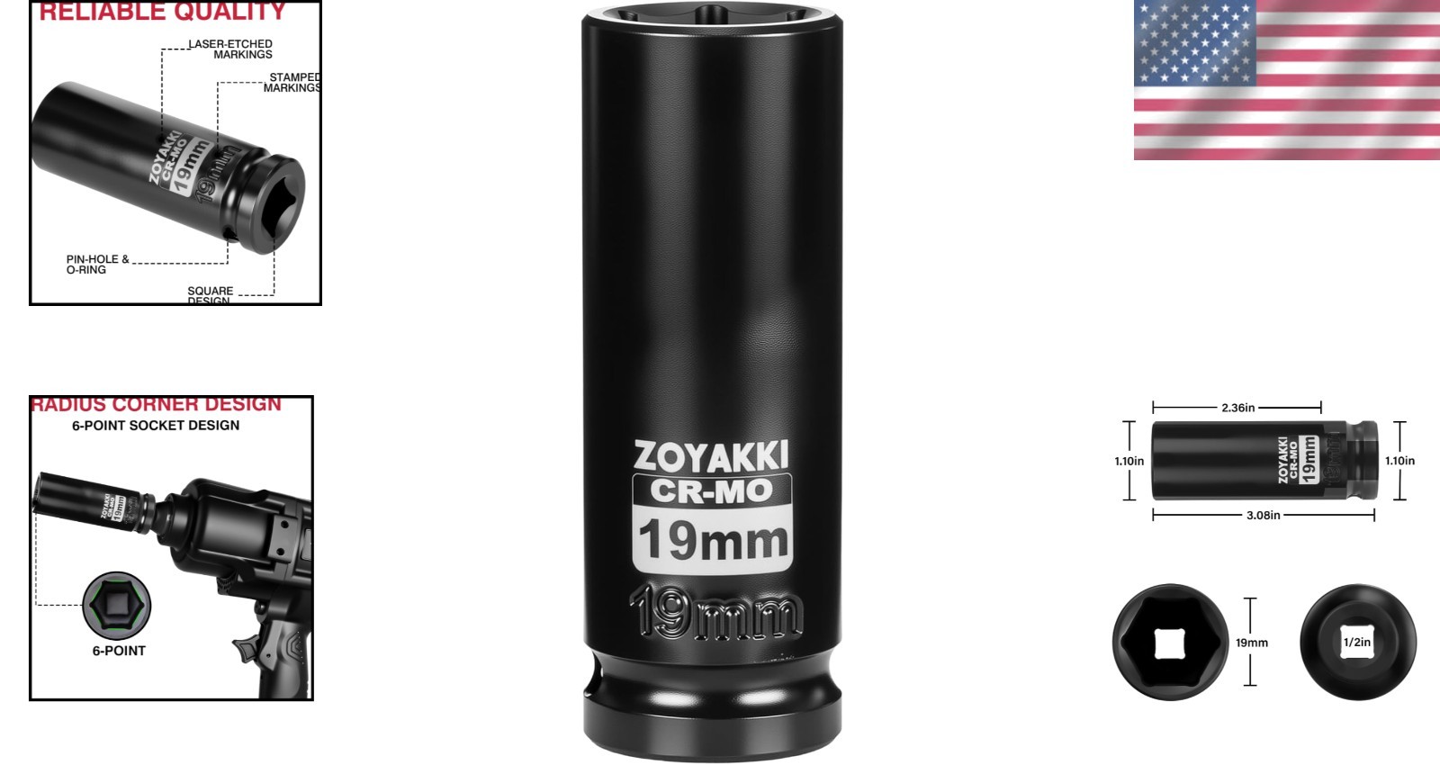 19mm 1/2" Drive Deep Socket - Chrome Molybdenum, Anti-Slip Design for Stability