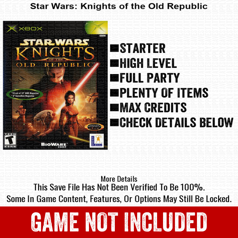 Star Wars Knights of the Old Republic 100% Unlocked All Items Xbox USB Save File