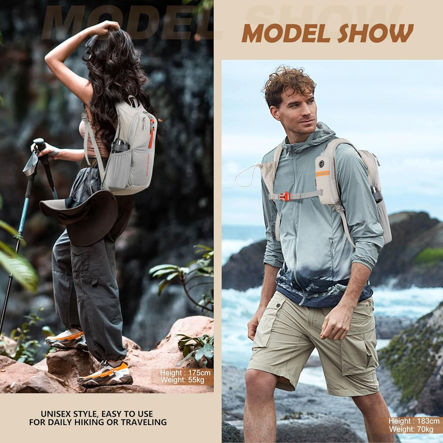 Ultralight 15L Foldable Hiking Backpack for Travel and Outdoor Activities, Beige